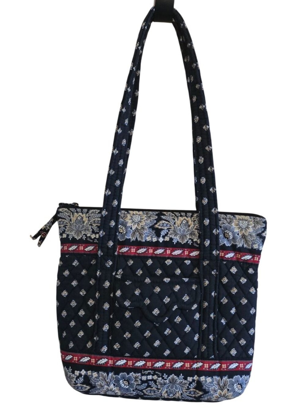 Vera Bradley Quilted Shoulder Bag Floral Pattern Navy & Red Tote Bag